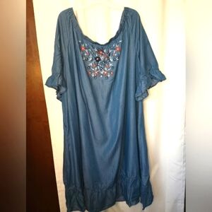 Dreams Co 4X Lyocell Chambray Denim Embroidered Floral Lounge Dress Cottagecore
